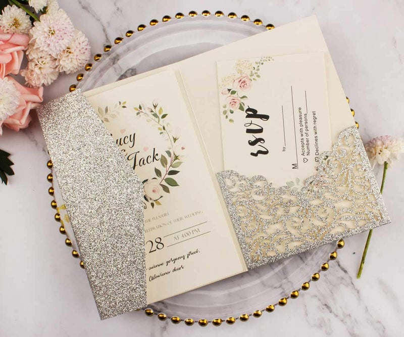 Lucky Star 25pcs 5"x7.28" Silver Glitter Vine Tri Fold Pocketfold Wedding Invitations Cards pocket Pearl Paper Laser Cut Hollow Carving Greeting invites Covers only no envelope no insert (silver glitter cover) - Image 1